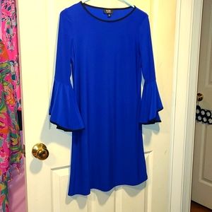 Msk petite p m royal blue Trumpet sleeves dress black trim